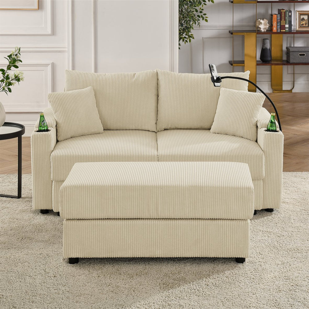 English Elm Modern Sofa Chair With Ottoman, Storage, Cup & Phone Holders - Plush Beige Corduroy Comfort Seat W1117S00203