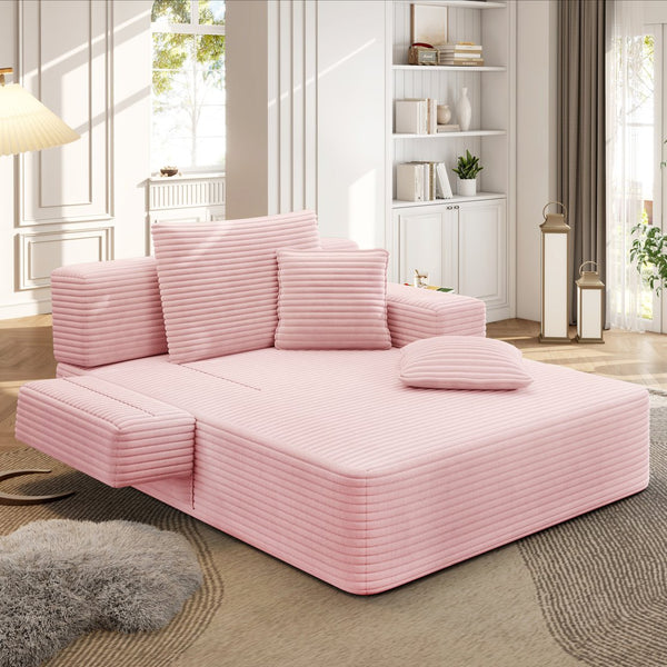 English Elm Luxurious Corduroy Frameless Chaise with Sleeper Conversion Foam Cushioning and Storage Pocket Baby Pink W3219P459763