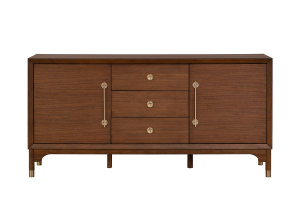English Elm 1pc Mid-century Walnut Veneer Dining Server with Gold Legs and Bar Pull Hardware B2741P446683