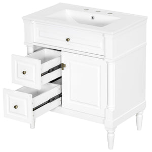 English Elm 30" Freestanding Bathroom Vanity Rubberwood Frame Ceramic Sink Flip Drawer Storage White N725P356062K
