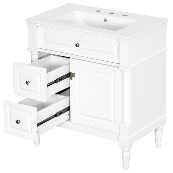 English Elm 30" Freestanding Bathroom Vanity Rubberwood Frame Ceramic Sink Flip Drawer Storage White N725P356062K