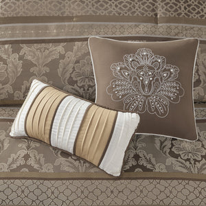 English Elm 7 Piece Jacquard Comforter Set In Rich Brown And Gold – Plush Textures, Decorative Pillows, Queen Size B03597000