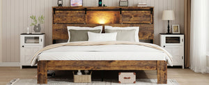 English Elm Queen Metal Platform Bed Dark Brown Storage Headboard with Usb Charging No Box Spring W636P419871
