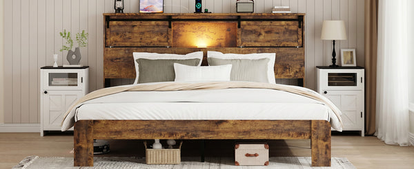 English Elm Queen Metal Platform Bed Dark Brown Storage Headboard with Usb Charging No Box Spring W636P419871