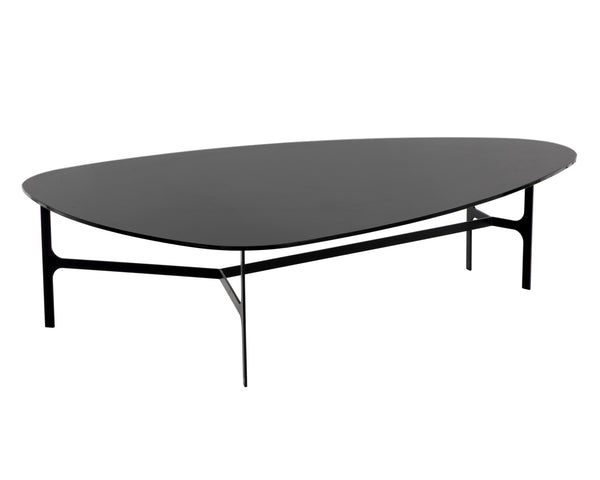Sunpan Kiernan Coffee Table - Stylish Mid-Century Design with Curved Black Glass Top & Matte Metal Frame