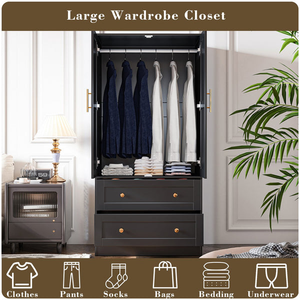 English Elm Shaker Two Door Wardrobe Armoire with Hanging Rod Drawers and Bedroom Storage T3210P477663
