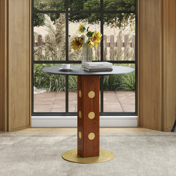 English Elm Modern Round Dining Table - 33.5" Sintered Stone Top, Wooden Legs & Gold Base, Perfect For Small Spaces W1535S00578