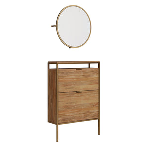 English Elm Wall-mounted Shoe Cabinet with Mirror and Hooks — Space-Saving Tilt-Out Storage, Brown Engineered Wood B356P367815