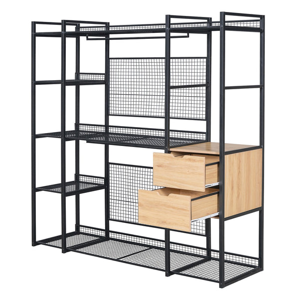 English Elm Open-Style Wardrobe Storage System with Heavy-Duty Metal Frame, Rails, Shelves & Drawers - Sleek Durable Design for Organized Living Black SF000087AAB