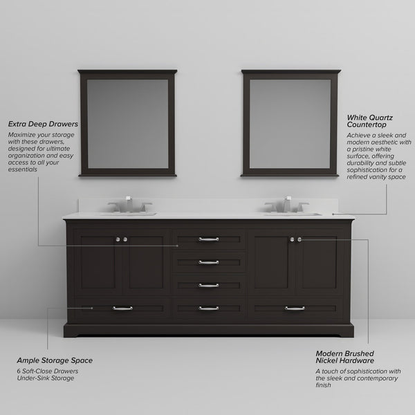 English Elm Espresso Double Bath Vanity 80 in W x 22 in D with White Quartz Top, Soft-Close Drawers & Mirrors B2731S00821