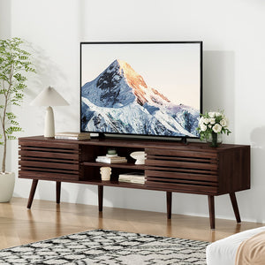 English Elm Mid Century Modern Fluted Wood Media Console with Storage Cabinets for Living Room Walnut T3623P435374