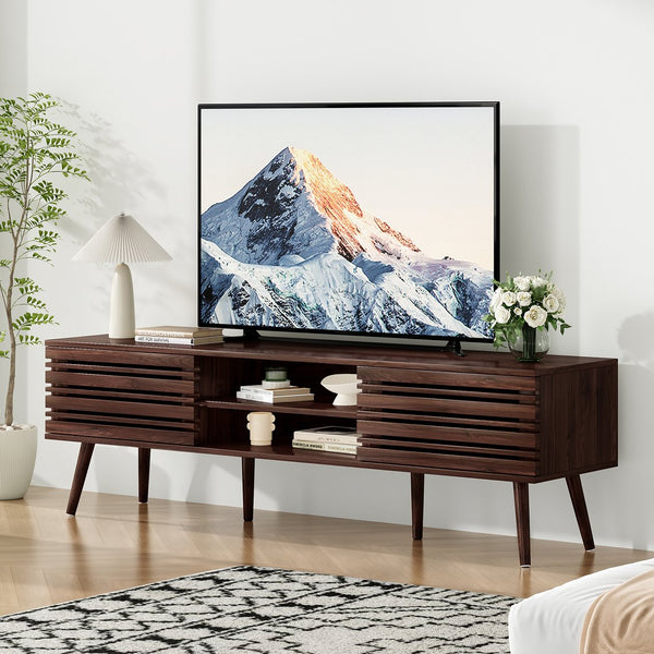 English Elm Mid Century Modern Fluted Wood Media Console with Storage Cabinets for Living Room Walnut T3623P435374