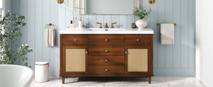 English Elm 60" Boutique Bathroom Vanity Rattan Doors Soft Close Drawers Smc Sink Pine Legs Brown N817P397678B