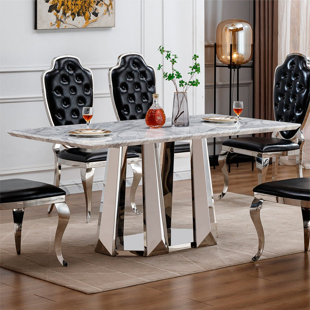 English Elm Marble Dining Table For 6-8, Modern Rectangular Faux Marble Top With Stainless Steel Base, Silver Grey W3456S00039