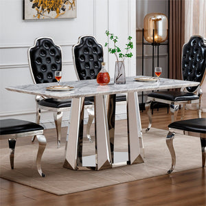 English Elm Marble Dining Table For 6-8, Modern Rectangular Faux Marble Top With Stainless Steel Base, Silver Grey W3456S00039