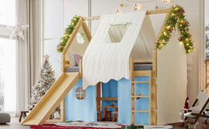 English Elm Full Size Pine Loft Bed with Slide Tent Panels Led Lights and Play Space Below W1580S00292