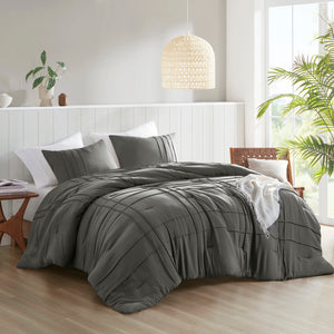 English Elm 3-piece Cal King Pintuck Pleated Microfiber Comforter Set Soft Washed Tailored Bedding Grey B035P463228