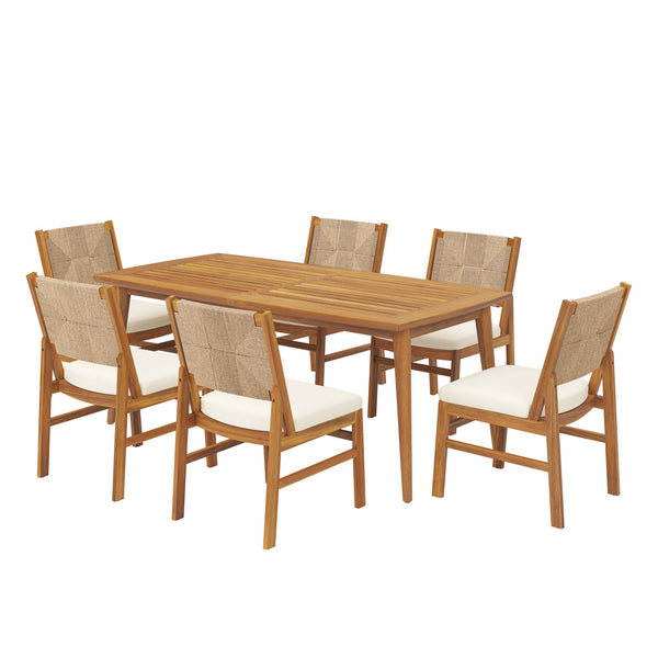 English Elm Outdoor Acacia Wood Seven Piece Patio Dining Set with Wicker Chairs Cream Cushions N773OD00124B