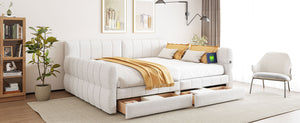 English Elm Queen Lambswool Platform Bed with Usb Charging Armrests and Under Storage Drawers White N7500000601K