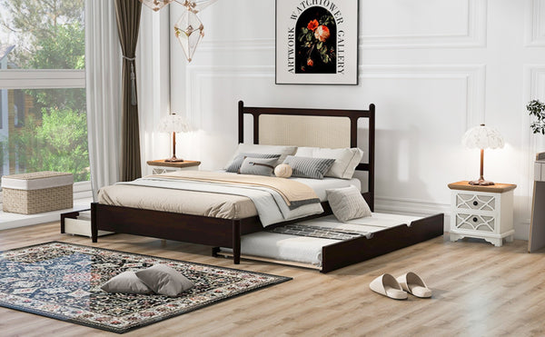 English Elm Queen Size Wooden Rattan Platform Bed With Spacious Storage Drawers & Twin Trundle In Espresso Finish N820S00002P-GIGA