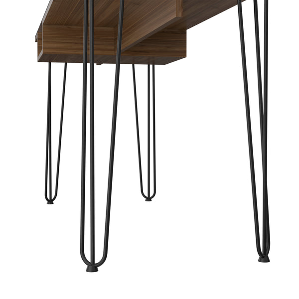 English Elm Kyoto 140 Writing Desk Brown with Glass Top & Haipin Metal Legs, Industrial Shelf Storage Solution B128S00167