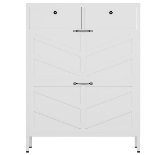 English Elm Shoe Cabinet Slim Steel Entryway Organizer with Flip Compartments and Retro White Finish T2398P413025