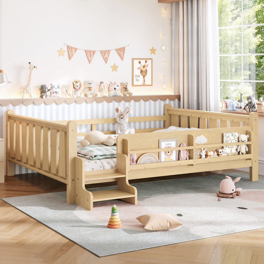 English Elm Queen Bunk Bed with Trundle Solid Pine Kids Car Themed Frame Built-in Bookshelf Light Natural W1580S00538