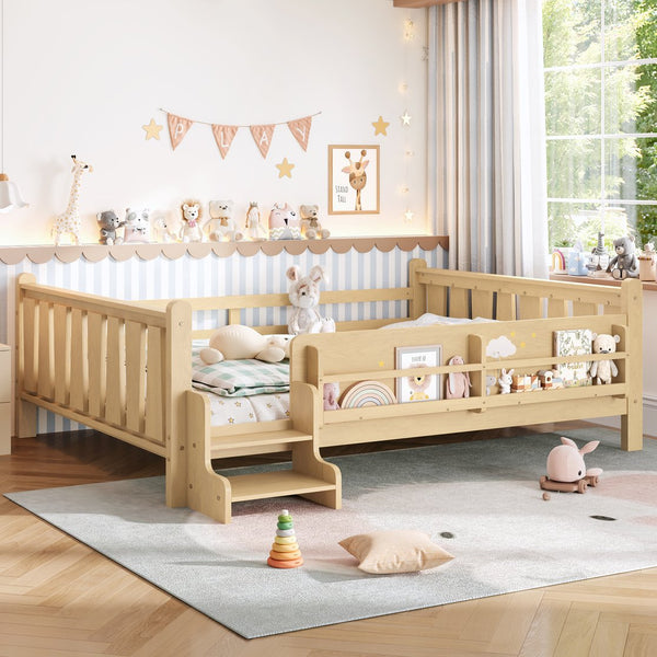 English Elm Queen Bunk Bed with Trundle Solid Pine Kids Car Themed Frame Built-in Bookshelf Light Natural W1580S00538