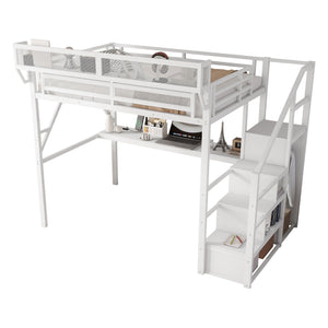 English Elm Full Loft Bed with Desk and Charging Station, Metal Loft with Stairs, Wardrobe, Shelves & Light White W2580S00046