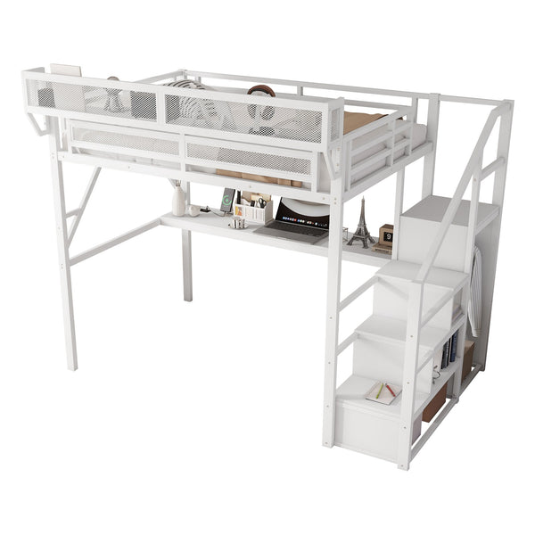 English Elm Full Loft Bed with Desk and Charging Station, Metal Loft with Stairs, Wardrobe, Shelves & Light White W2580S00046