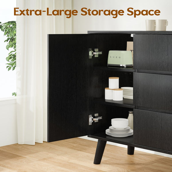 English Elm Farmhouse Buffet Cabinet with Pop-Up Doors and 3 Drawers — Rustic 55.5" Sideboard for Dining Room Black T3623P408215