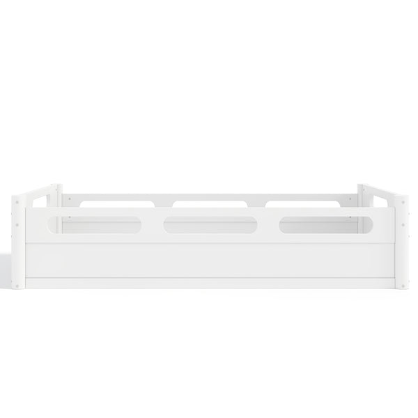 English Elm Twin Low Profile Floor Bed with Guardrails Pine Wood Frame Minimalist Bedroom White W1580P438763
