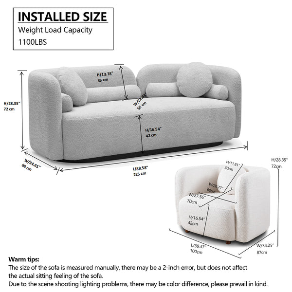 English Elm C32508, Japandi Boucle Sofa Set with Accent Chair Low Profile Cloud Seating W2664S00071