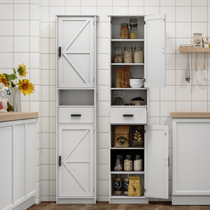 English Elm 69" Tall Bathroom Storage Cabinet with Barn Doors and Drawer, Slim 7-Shelf Floor Unit for Small Spaces White W3457P336681