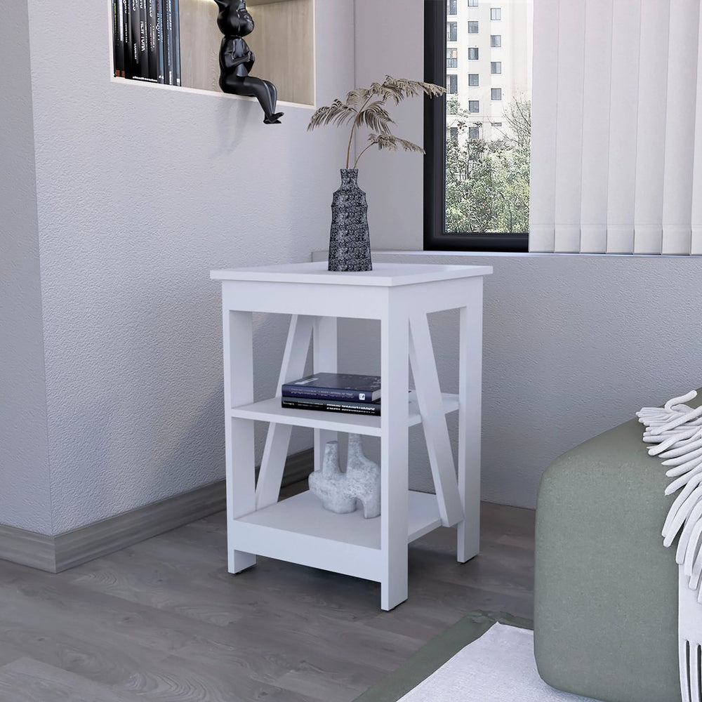 English Elm White Engineered Wood Side Table with 2 Shelves, Modern Compact Accent Table for Living Room Decor B062P193655