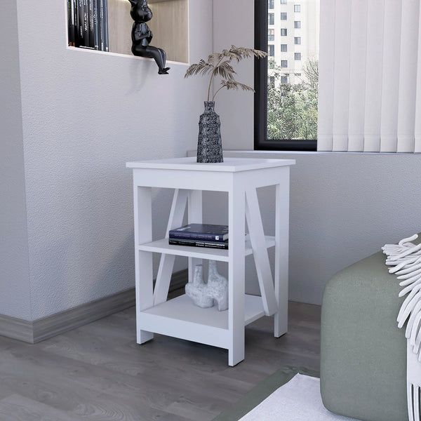 English Elm White Engineered Wood Side Table with 2 Shelves, Modern Compact Accent Table for Living Room Decor B062P193655
