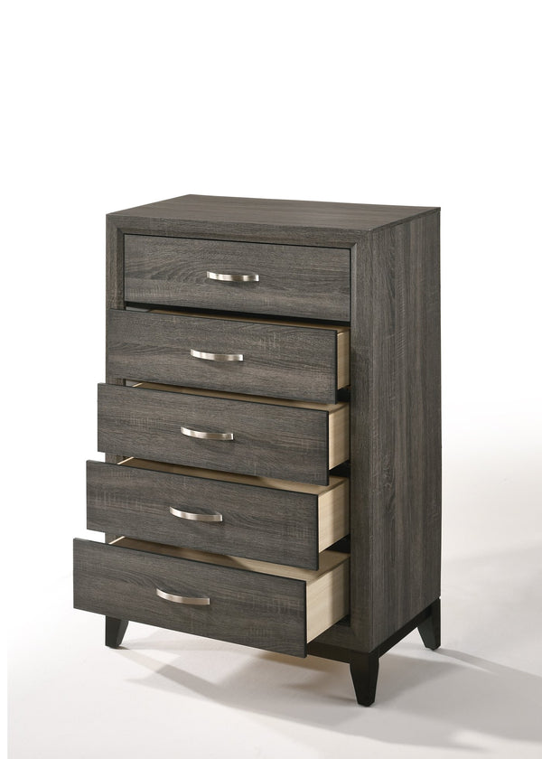 English Elm Weathered Grey Five-Drawer Chest with Rustic Vintage Finish, Smooth Pulls, Generous Storage Space B062P209052