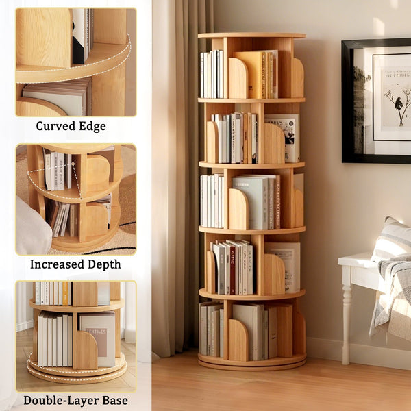 English Elm 5 Tier Rotating Bookshelf Tower with Curved Edges, 360° Smooth Spin, Stable Double-Layer Base, Space-Saving Storage Wood W3204P293742