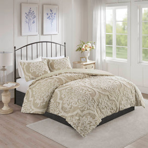 JLA Home Madison Park - 3 Tufted Cotton Chenille Damask Duvet Set with Button Closure, Corner Ties, OEKO-TEX Comfort 92 L x 104 W x 0.13H MP12-7105