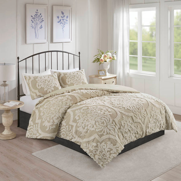 JLA Home Madison Park - 3 Tufted Cotton Chenille Damask Duvet Set with Button Closure, Corner Ties, OEKO-TEX Comfort 92 L x 104 W x 0.13H MP12-7105