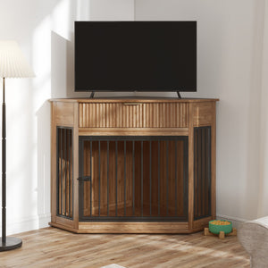 English Elm 44.6'' Corner Mdf Dog Kennel Cabinet with Fluted Drawer End Table for Modern Living Natural Walnut W5216P415905