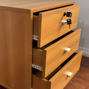 English Elm Three Drawer Nightstand Locking Top Drawer with Metal Glides, Aluminum Bar Handles, Light Cherry Finish Organizing Accent Piece B107P246018