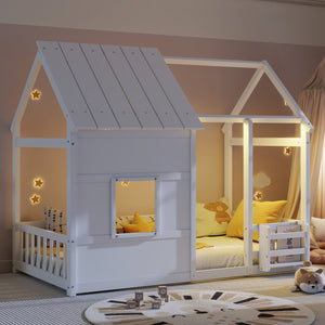 English Elm Twin House Frame Floor Bed Pinewood Build with Led Roofline Kids Bedroom White W697P435880