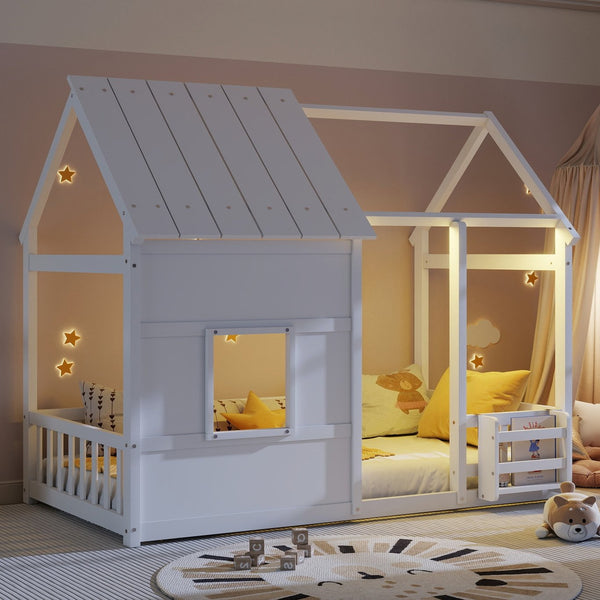 English Elm Twin House Frame Floor Bed Pinewood Build with Led Roofline Kids Bedroom White W697P435880