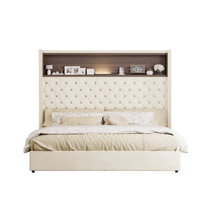 English Elm Queen Velvet Tufted Wingback Platform Bed Tall Headboard with Usb Charging Shelf Beige N733P367135A
