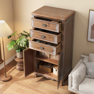 English Elm Rustic Farmhouse Tall Narrow Wood Cabinet Distressed Finish Cutout Door Drawers Natural Wood W2295P457174