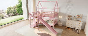 English Elm Full Bunk Bed with Trundle Bookshelf Storage Pine Frame Car Design for Kids Pink W1580S00304