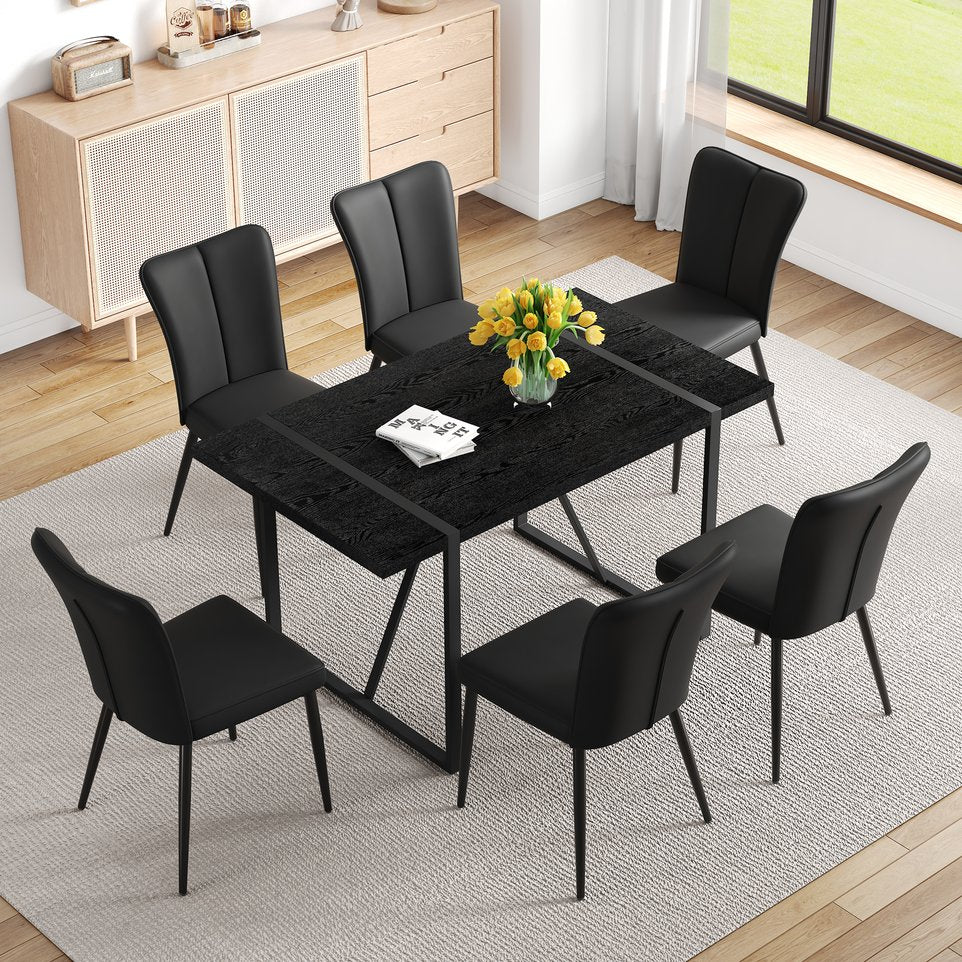 English Elm Black Faux Grain Mdf Rectangular Dining Set with Six Striped Pu Upholstered Chairs W1151S04377