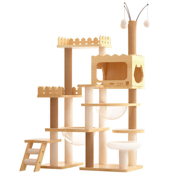English Elm 66.9" Tall Wood Cat Tree with Acrylic Hammock Sisal Posts and Perch for Indoor Cats W3101P445946