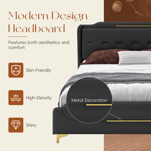 English Elm Christopher Knight Home® - King PU Leather Bed Frame with Wingback Headboard & Footboard, Gold Accents, Platform Slat Support, Elegant Design Black 77.5 L x 21 W x 5.25 H N761S0000012B